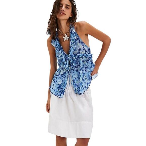 NWT Free People Blue Coastal Combo Ruffle Fearless Knit Tank Top - Picture 8 of 8